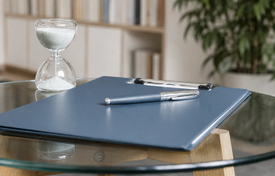 Sanduhr, Mappe und Stift zur Vorbereitung der Psychotherapie